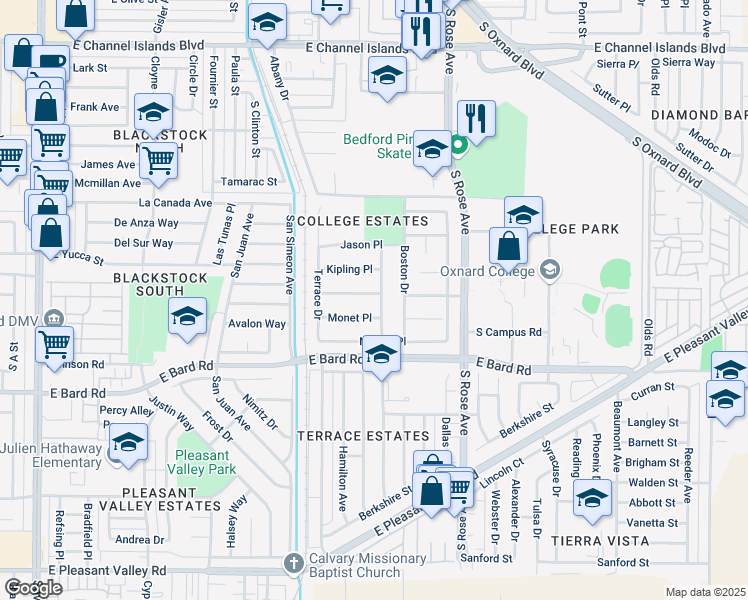 map of restaurants, bars, coffee shops, grocery stores, and more near 1321 Monet Place in Oxnard