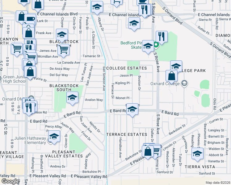 map of restaurants, bars, coffee shops, grocery stores, and more near 3931 Terrace Drive in Oxnard