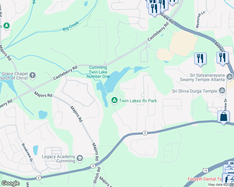 map of restaurants, bars, coffee shops, grocery stores, and more near 3330 Hillshire Drive in Cumming