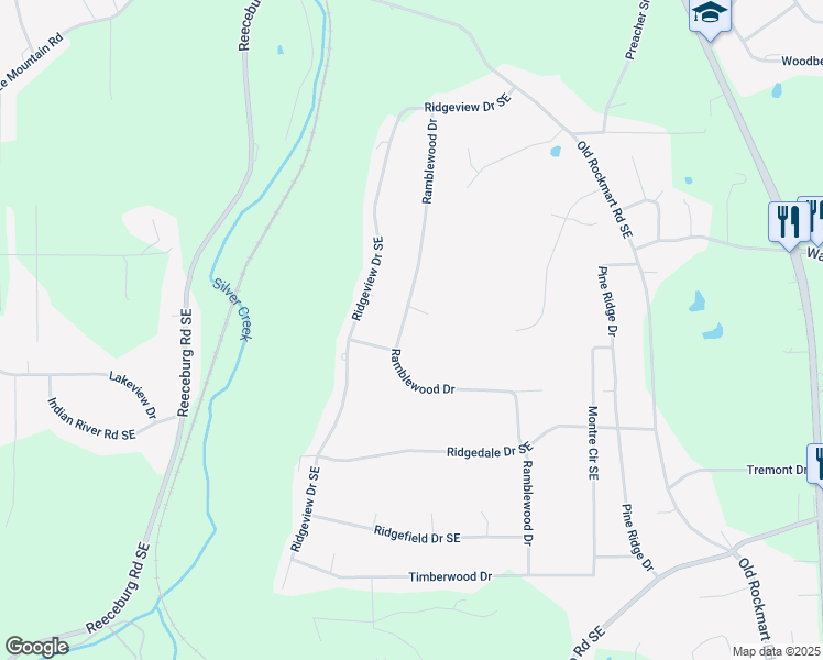 map of restaurants, bars, coffee shops, grocery stores, and more near 37 Ramblewood Drive in Silver Creek