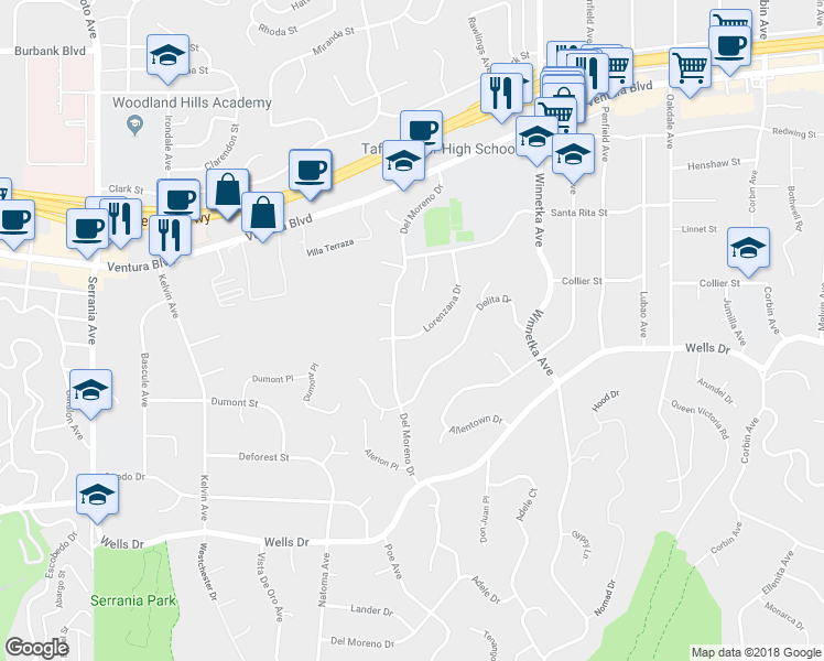 map of restaurants, bars, coffee shops, grocery stores, and more near 20283 Lorenzana Drive in Los Angeles