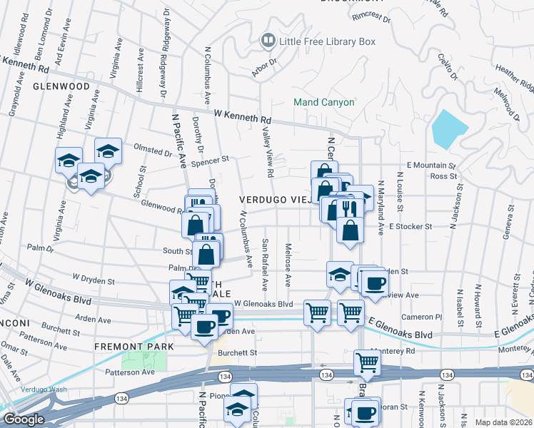 map of restaurants, bars, coffee shops, grocery stores, and more near 1204 Valley View Road in Glendale