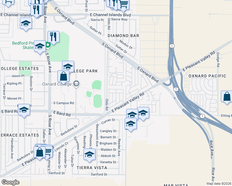 map of restaurants, bars, coffee shops, grocery stores, and more near 2143 Cardinal Avenue in Oxnard