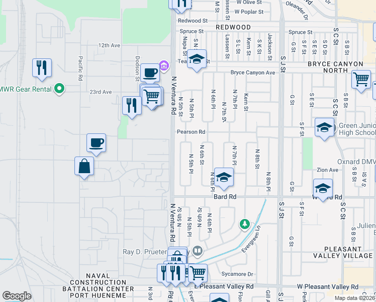 map of restaurants, bars, coffee shops, grocery stores, and more near 1615 North 5th Place in Port Hueneme