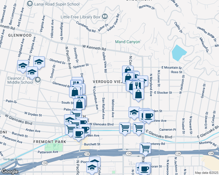 map of restaurants, bars, coffee shops, grocery stores, and more near 1218 Valley View Road in Glendale