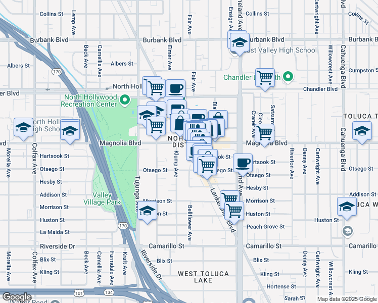 map of restaurants, bars, coffee shops, grocery stores, and more near 5142 Lankershim Boulevard in Los Angeles