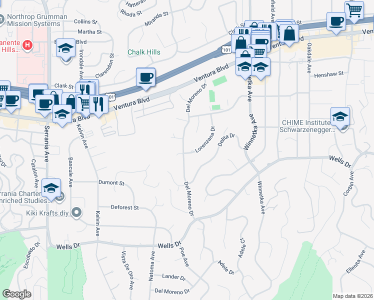 map of restaurants, bars, coffee shops, grocery stores, and more near 5200 Del Moreno Drive in Los Angeles