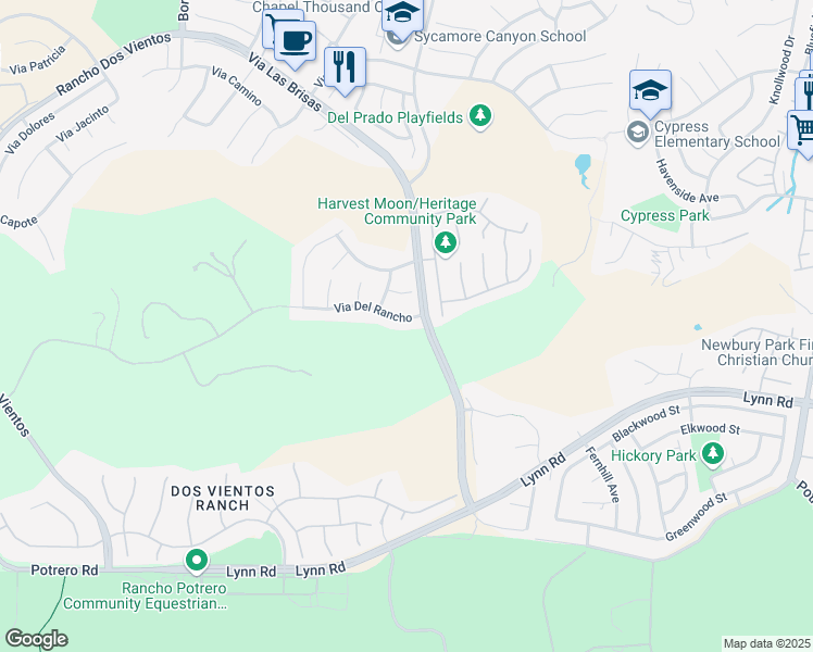 map of restaurants, bars, coffee shops, grocery stores, and more near 4566 Via Del Rancho in Thousand Oaks