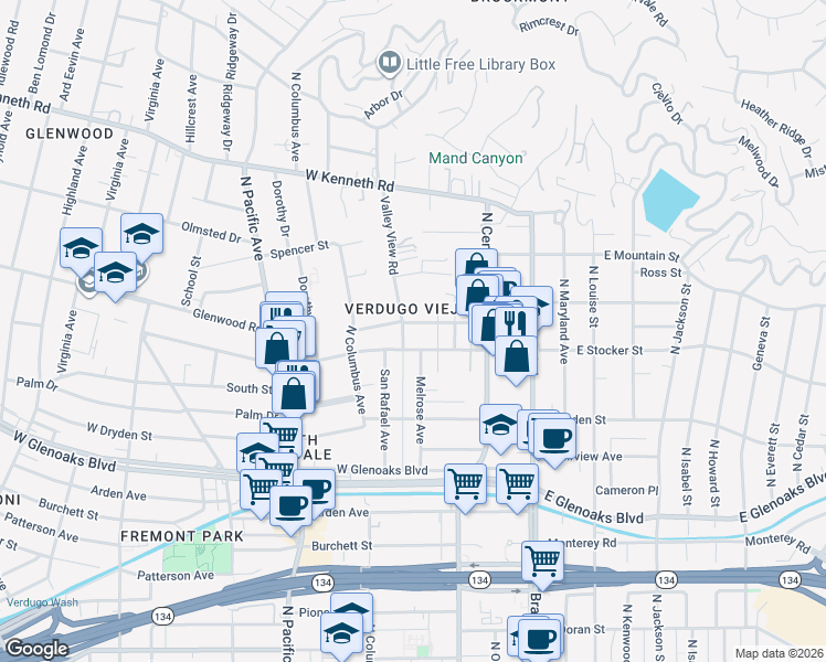 map of restaurants, bars, coffee shops, grocery stores, and more near 302 West Loraine Street in Glendale