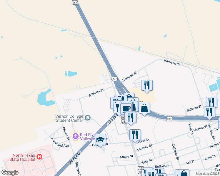 map of restaurants, bars, coffee shops, grocery stores, and more near 731 Hillcrest Drive in Vernon