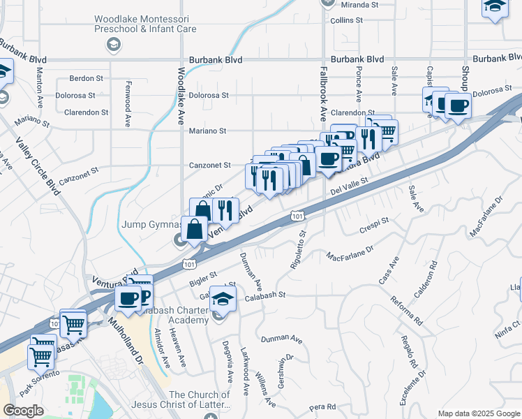 map of restaurants, bars, coffee shops, grocery stores, and more near 23032 Ventura Boulevard in Los Angeles