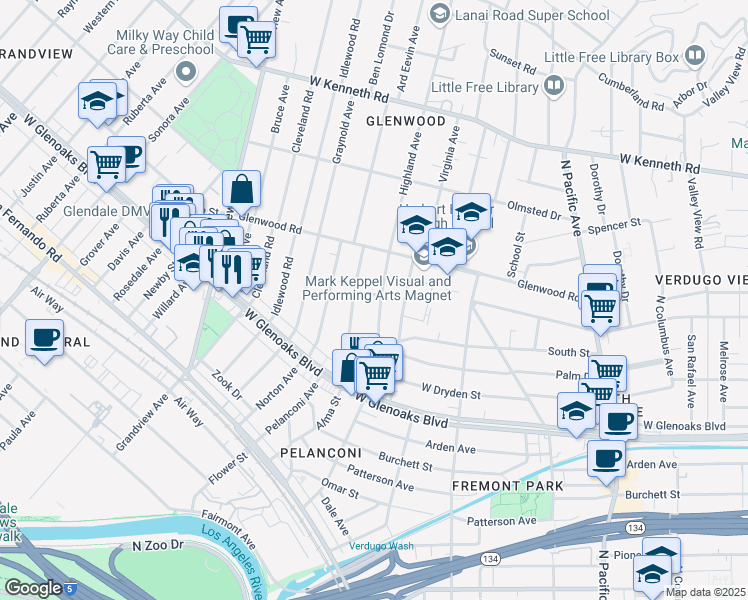 map of restaurants, bars, coffee shops, grocery stores, and more near 1215 Highland Avenue in Glendale
