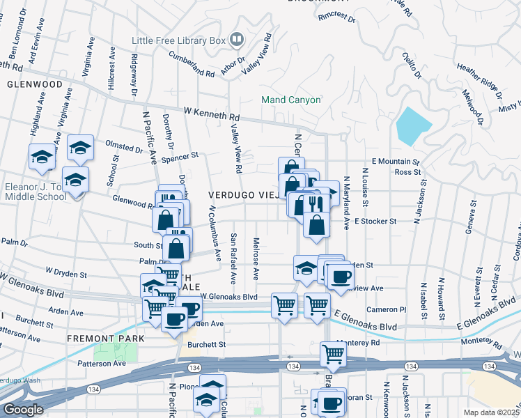 map of restaurants, bars, coffee shops, grocery stores, and more near 248 West Loraine Street in Glendale