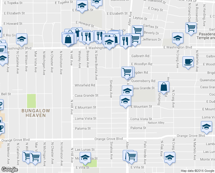 map of restaurants, bars, coffee shops, grocery stores, and more near 1666 Whitefield Road in Pasadena