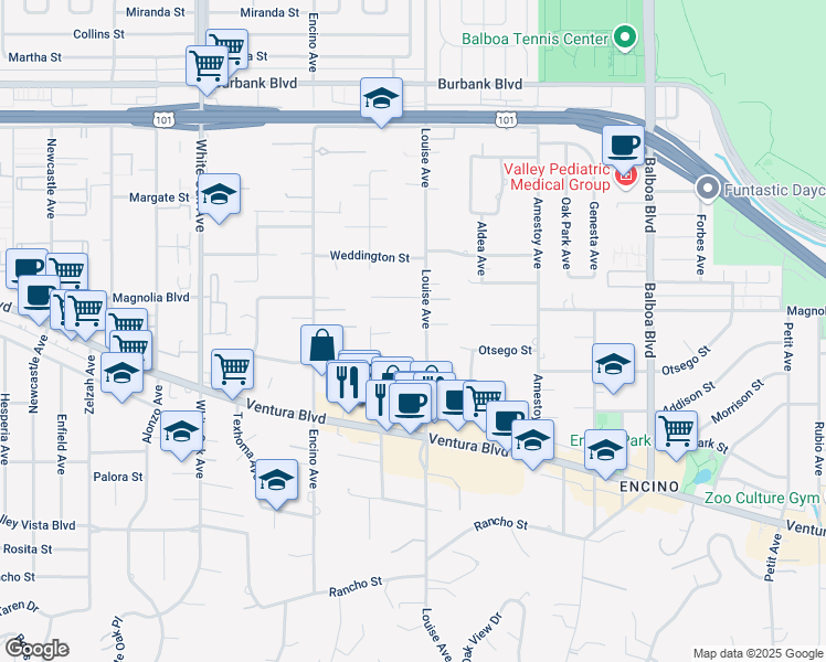 map of restaurants, bars, coffee shops, grocery stores, and more near 5133 Louise Avenue in Los Angeles
