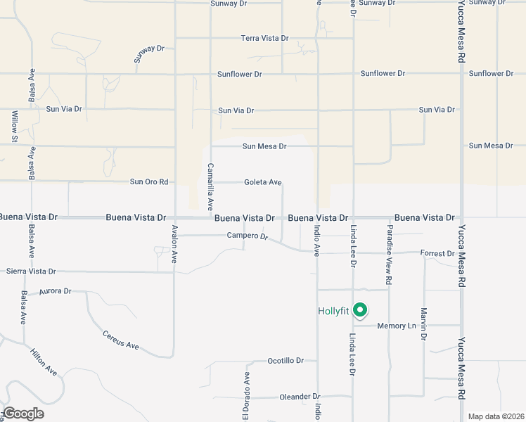 map of restaurants, bars, coffee shops, grocery stores, and more near 58750 Buena Vista Drive in Yucca Valley