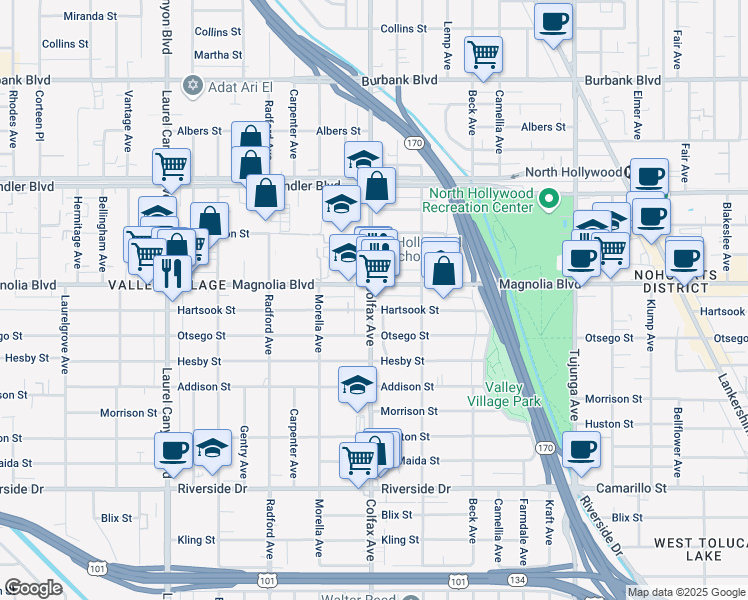 map of restaurants, bars, coffee shops, grocery stores, and more near 5146 Colfax Avenue in Los Angeles
