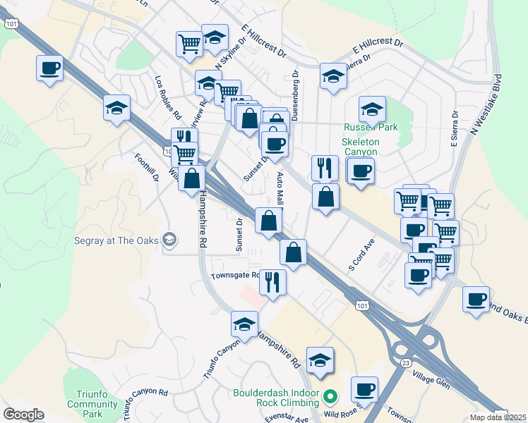 map of restaurants, bars, coffee shops, grocery stores, and more near 3378 Holly Grove Street in Westlake Village