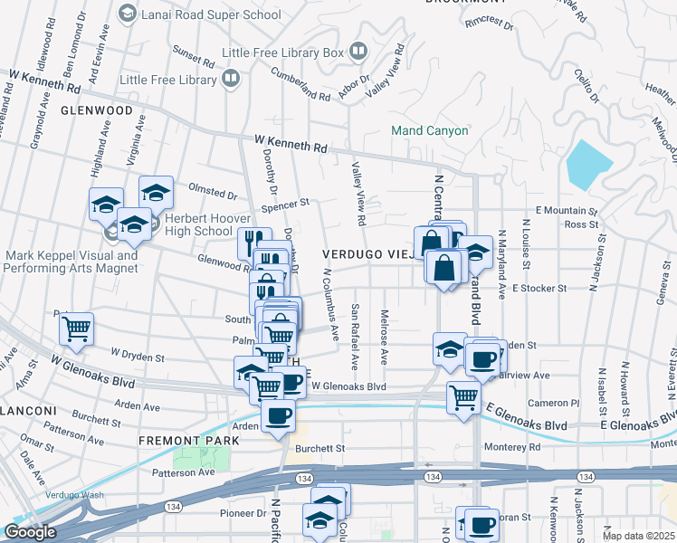 map of restaurants, bars, coffee shops, grocery stores, and more near 248 West Loraine Street in Glendale