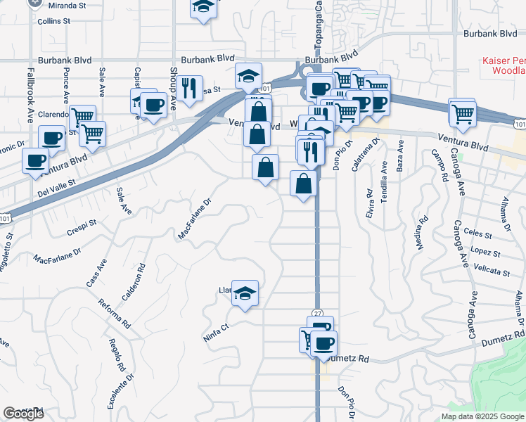 map of restaurants, bars, coffee shops, grocery stores, and more near 22228 Miston Drive in Los Angeles