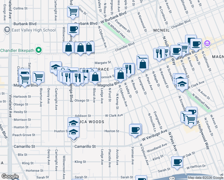map of restaurants, bars, coffee shops, grocery stores, and more near 930 North Ford Street in Burbank