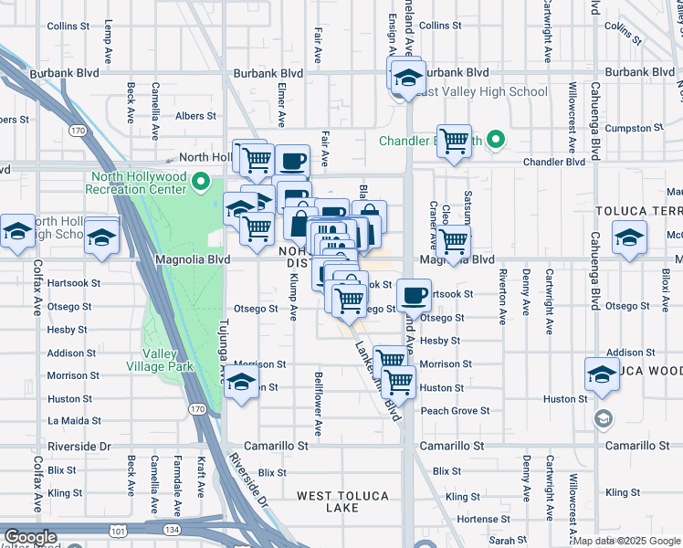 map of restaurants, bars, coffee shops, grocery stores, and more near 5142 Lankershim Boulevard in Los Angeles