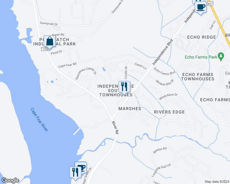 map of restaurants, bars, coffee shops, grocery stores, and more near 209 Eucalyptus Lane in Wilmington