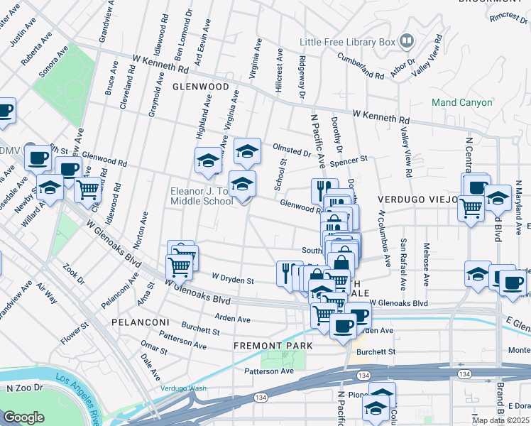map of restaurants, bars, coffee shops, grocery stores, and more near 617 West Stocker Street in Glendale
