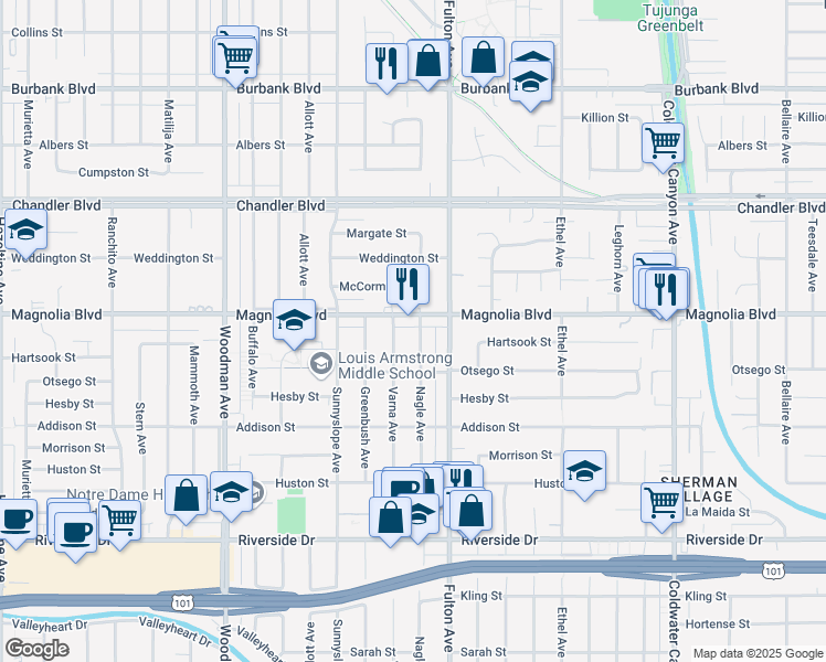map of restaurants, bars, coffee shops, grocery stores, and more near 5147 Nagle Avenue in Los Angeles
