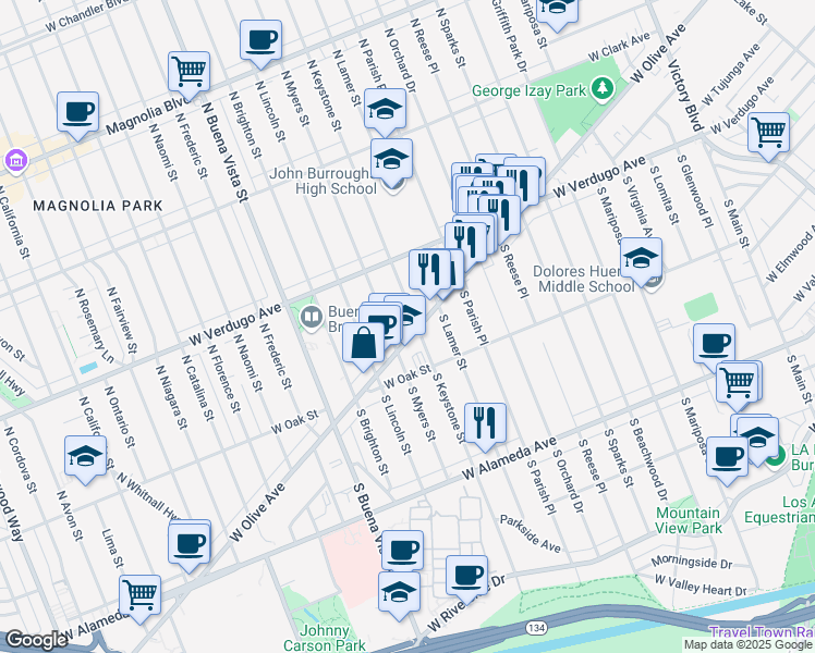 map of restaurants, bars, coffee shops, grocery stores, and more near in Burbank