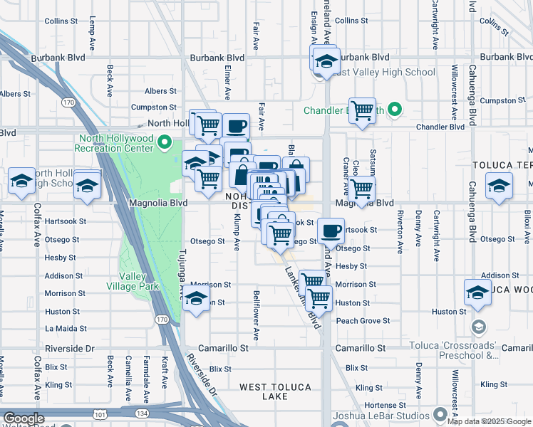 map of restaurants, bars, coffee shops, grocery stores, and more near 5142 Lankershim Boulevard in Los Angeles