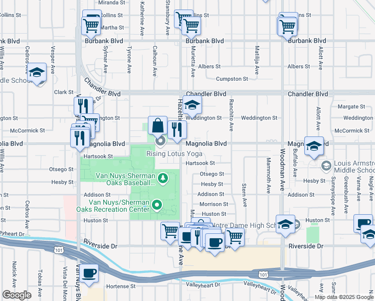 map of restaurants, bars, coffee shops, grocery stores, and more near 14050 Magnolia Boulevard in Los Angeles