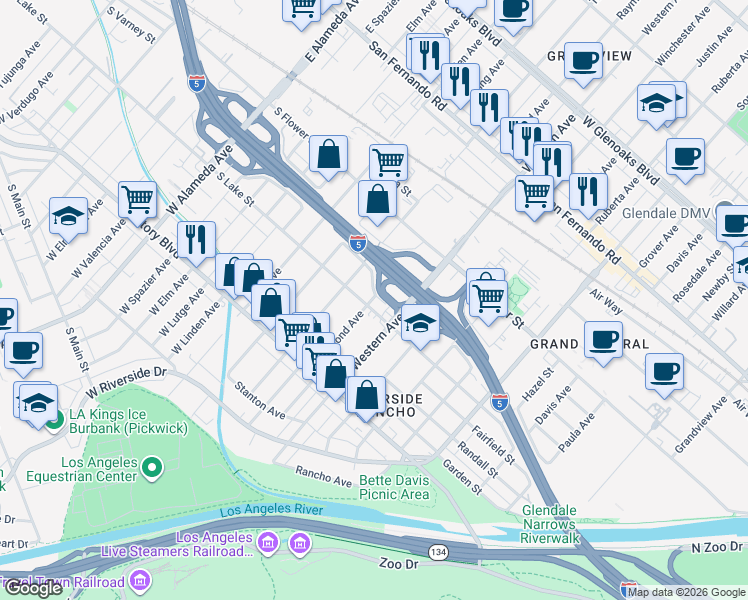 map of restaurants, bars, coffee shops, grocery stores, and more near 506 Raymond Avenue in Glendale