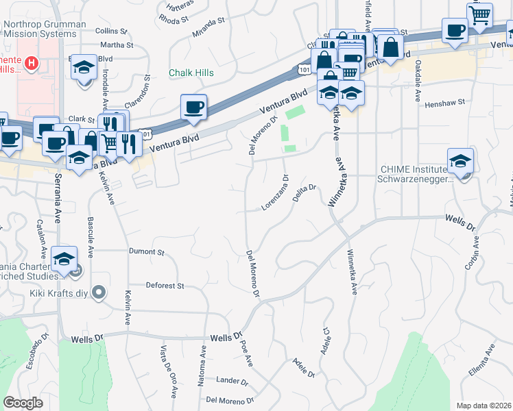 map of restaurants, bars, coffee shops, grocery stores, and more near 20283 Lorenzana Drive in Los Angeles