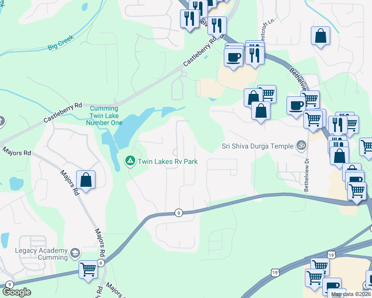 map of restaurants, bars, coffee shops, grocery stores, and more near 2964 Greyhawk Lane in Cumming