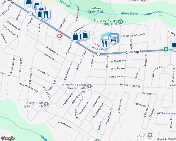 map of restaurants, bars, coffee shops, grocery stores, and more near 1705 Hampton Drive in Florence