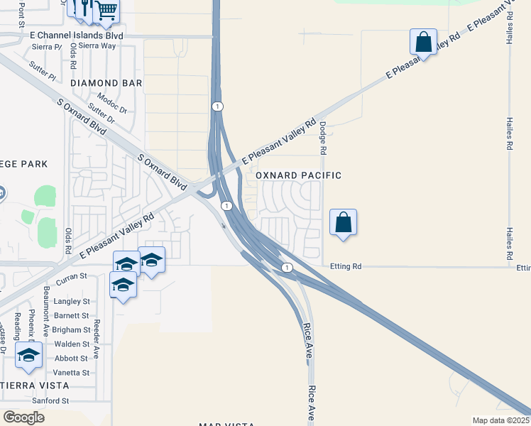 map of restaurants, bars, coffee shops, grocery stores, and more near 205 Big Bear Way in Oxnard