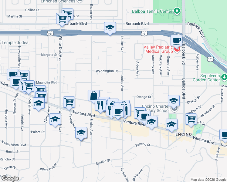 map of restaurants, bars, coffee shops, grocery stores, and more near 5125 Louise Avenue in Los Angeles