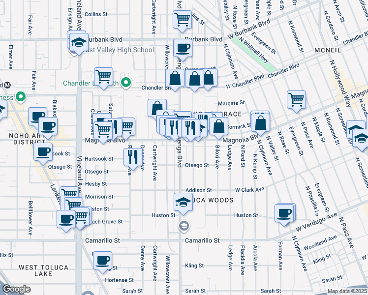 map of restaurants, bars, coffee shops, grocery stores, and more near 5127 Auckland Avenue in Los Angeles