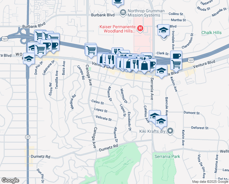 map of restaurants, bars, coffee shops, grocery stores, and more near 5143 Escobedo Drive in Los Angeles