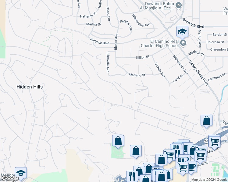 map of restaurants, bars, coffee shops, grocery stores, and more near 5625 Penland Road in Hidden Hills