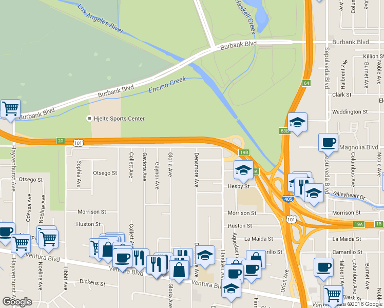 map of restaurants, bars, coffee shops, grocery stores, and more near 5181 Densmore Avenue in Los Angeles