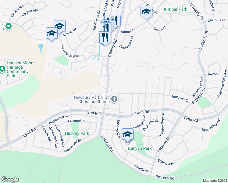 map of restaurants, bars, coffee shops, grocery stores, and more near 708 Paseo De Leon in Thousand Oaks