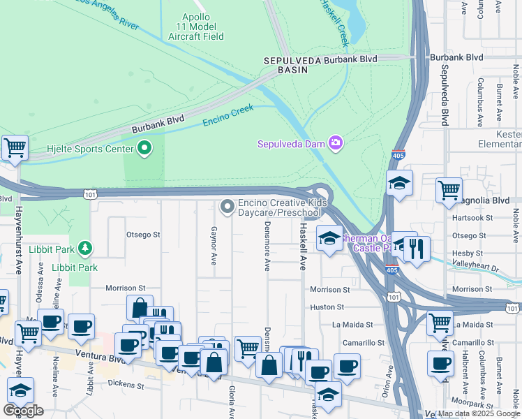 map of restaurants, bars, coffee shops, grocery stores, and more near 5181 Densmore Avenue in Los Angeles