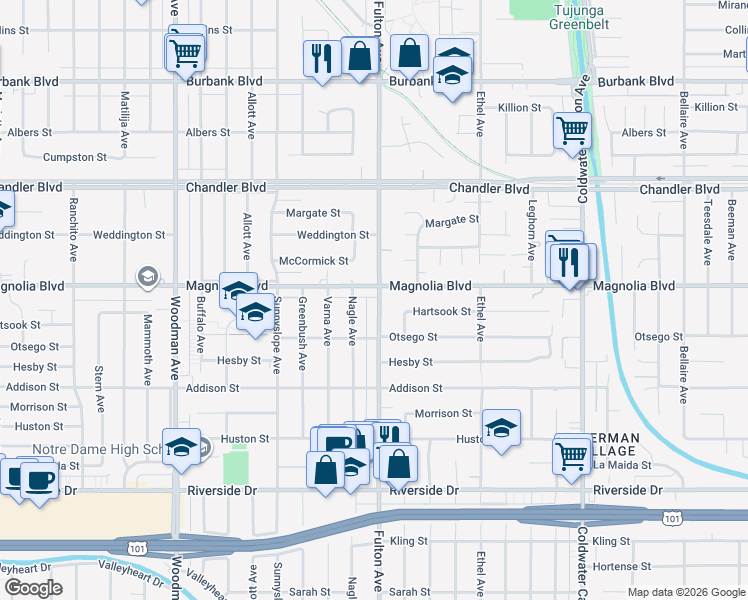 map of restaurants, bars, coffee shops, grocery stores, and more near 5149 Fulton Avenue in Los Angeles