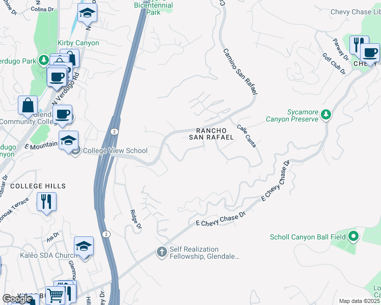 map of restaurants, bars, coffee shops, grocery stores, and more near 925 Calle Del Pacifico in Glendale