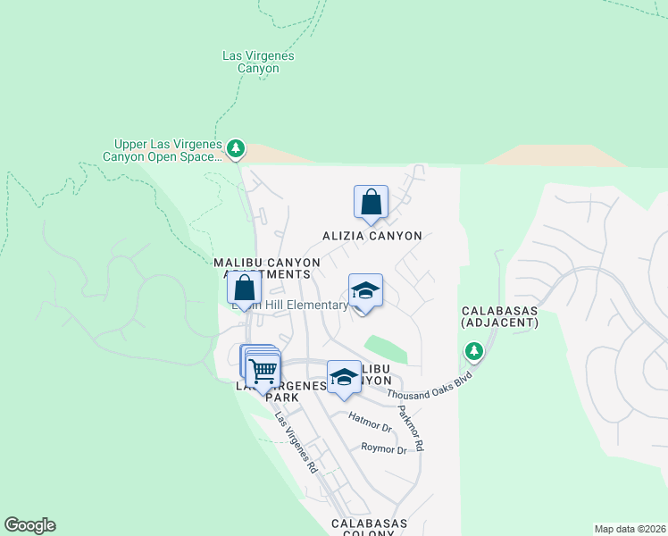 map of restaurants, bars, coffee shops, grocery stores, and more near 26250 Alizia Canyon Drive in Calabasas