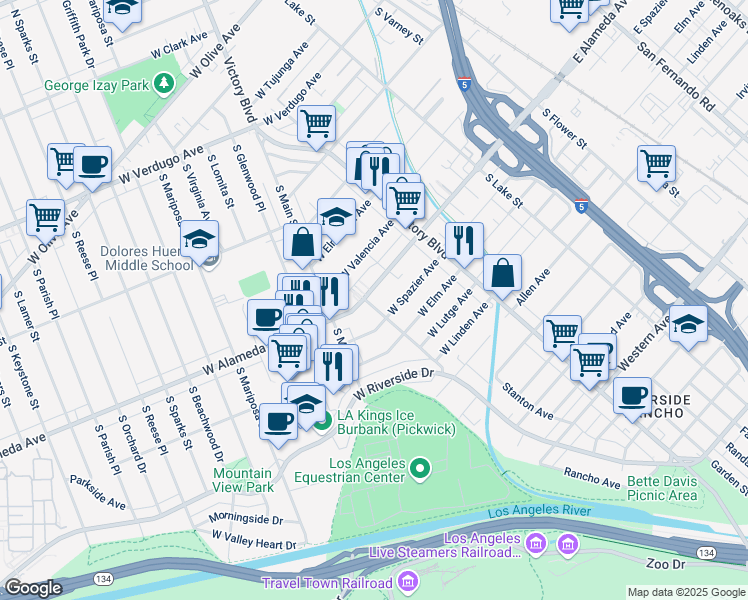 map of restaurants, bars, coffee shops, grocery stores, and more near 381 West Spazier Avenue in Burbank