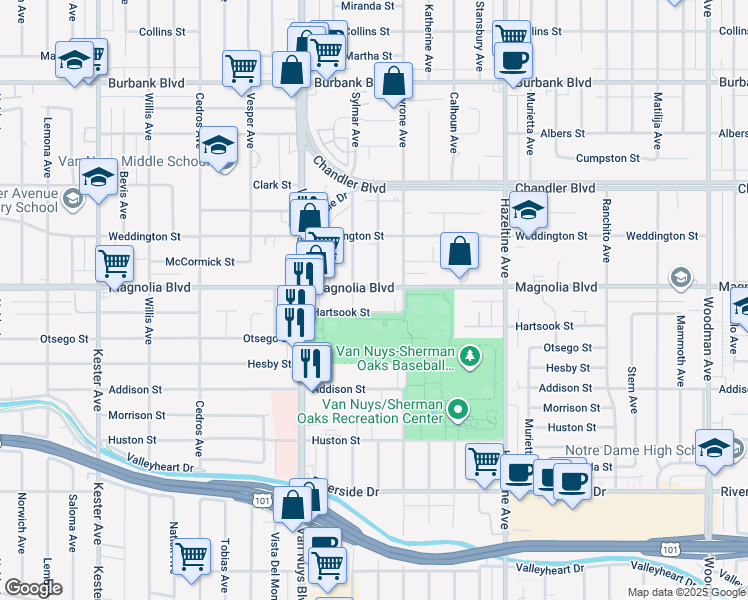 map of restaurants, bars, coffee shops, grocery stores, and more near 14358 Magnolia Blvd in Los Angeles