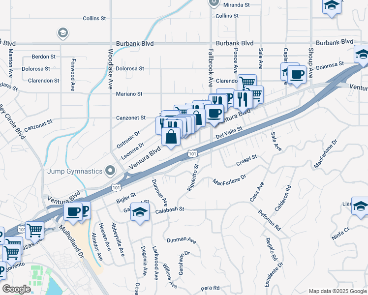 map of restaurants, bars, coffee shops, grocery stores, and more near 22865 Del Valle Street in Los Angeles